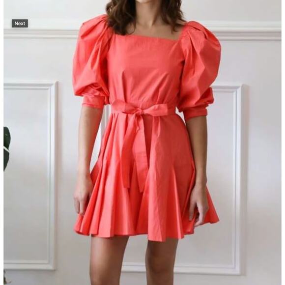 NWT $128 Mille Anais Puff Sleeve Coral Mini Dress Size w/ Tie - Picture 2 of 7